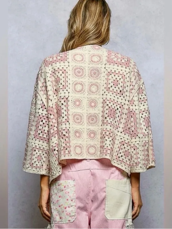 NEW POL Pink Open Front Boho Granny Square Cardigan One Size - Image 2