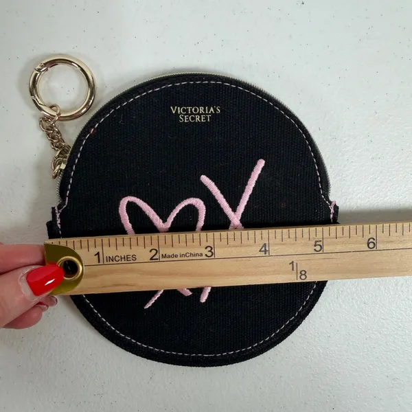 Victoria's Secret Coin Purse Keychain Black Canvas Pink Heart Zip Pouch Round - Image 7