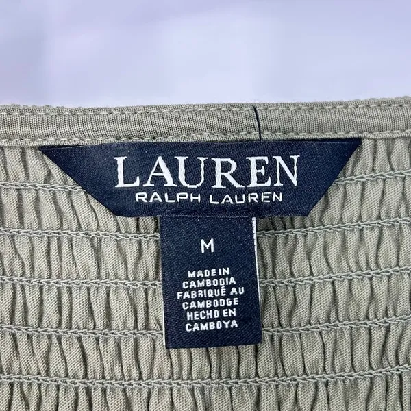 M Olive M Top Green Ralph Lauren Black Label Smocked Jersey Blouson Blouse - Image 7