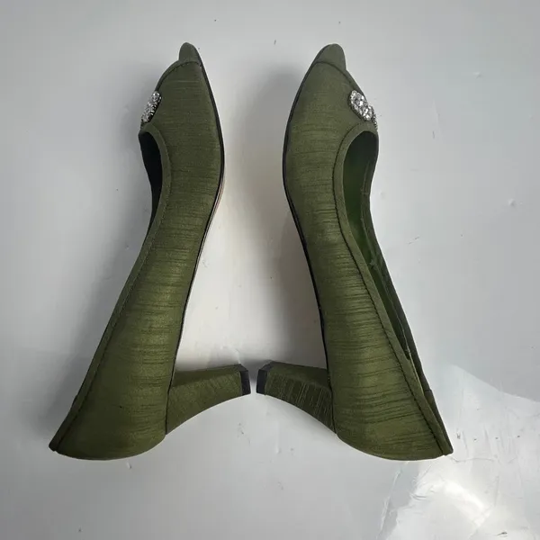 Coldwater Creek Olive Green Rhinestone Bow Peep Toe Kitten Heel Pumps 9M - Image 10