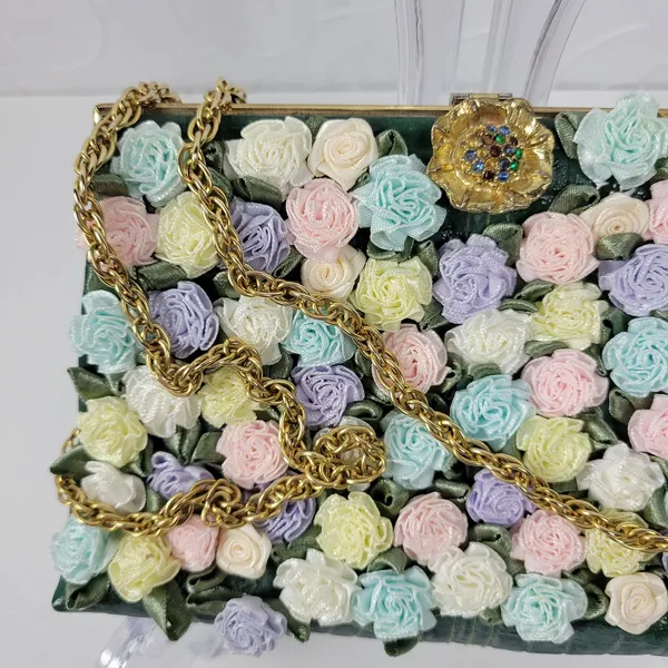 Andé Womens Clutch Bag Green Croc Embossed Pastel Floral Applique Gold Chain - Image 9