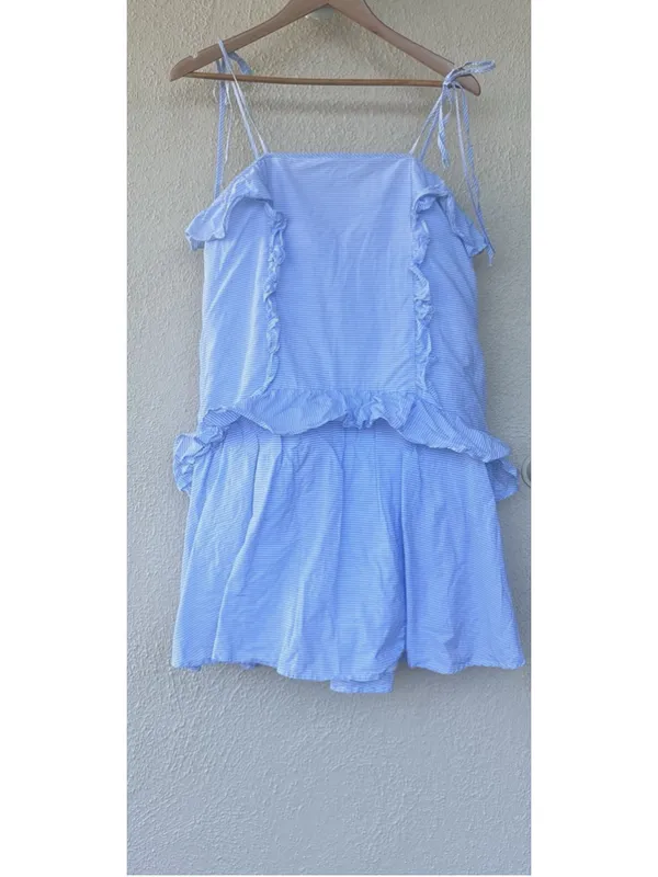 Moon River Blue Stripe Ruffle Tiered Mini Dress Tie Strap Nautical Coastal Prep - Image 2