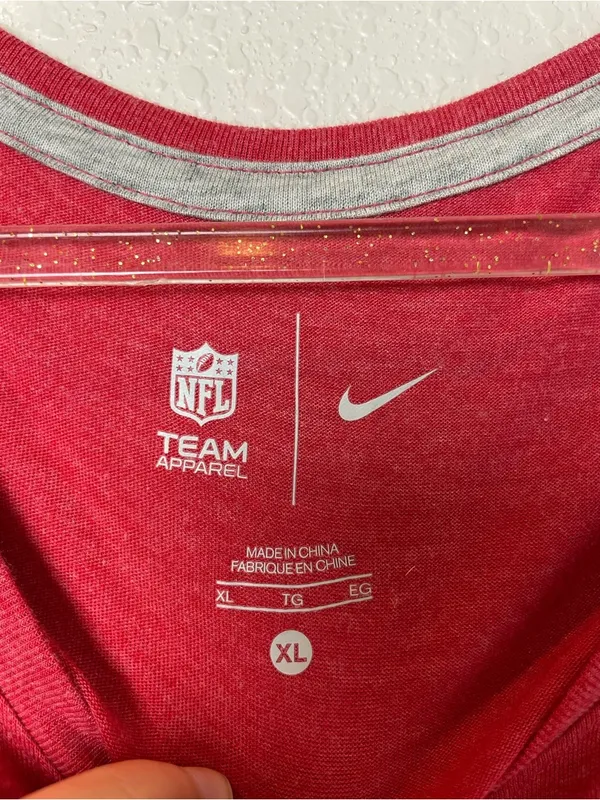 NFL Women's Red V-Neck Tee with Shiny Red Foil Logo Size XL - Image 3