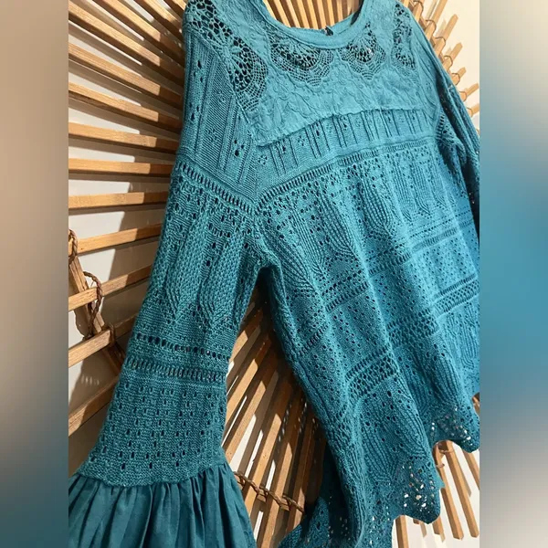 Free People Once Upon A Time Teal Lace Knit Bell Sleeve Top Fairy Boho - Image 9
