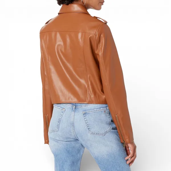 The Drop Heather‎ Moto Jacket Cognac Faux Leather Zip Womens Size L - Image 2