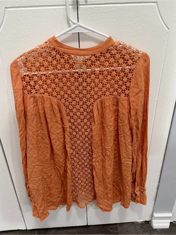 Free People Orange Crochet Lace Button Down Blouse - Image 4