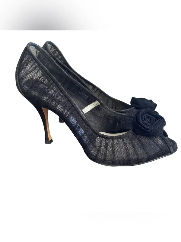 Dolce & Gabbana Black Mesh Rosette Peep Toe Stiletto Pumps Women Size 37.5 - Image 6