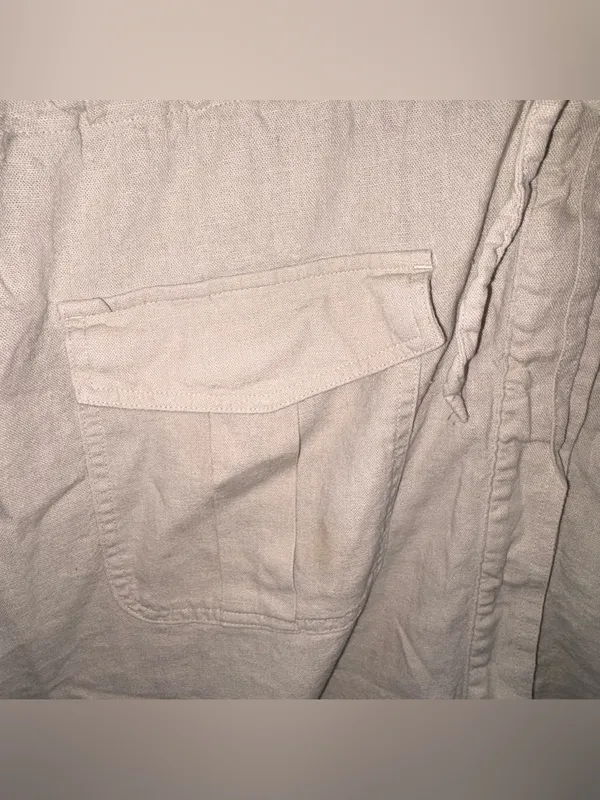 Ophelia‎ Roe Linen Blend Utility Dress Lg Beige Tie Waist Pockets Short Sleeves - Image 4