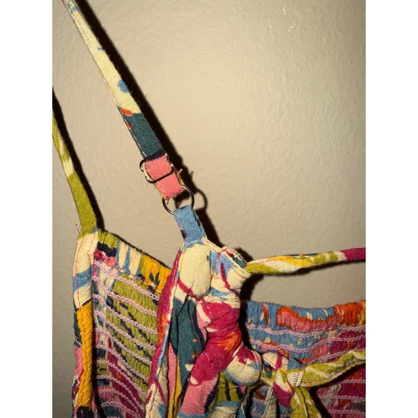 Angie Tropical Floral Smock Mini Dress S Multi Color Tier Boho Sundress vacation beach - Image 9