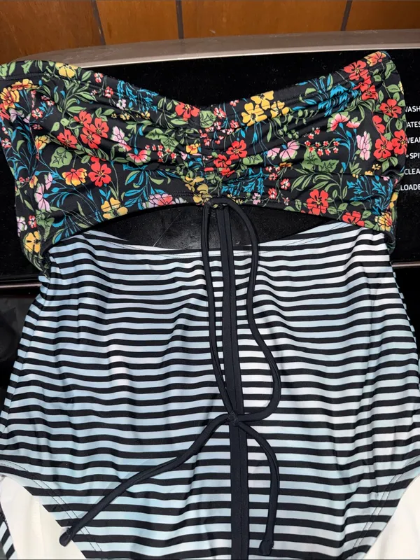 Time and Tru Black Striped One-Piece Swimsuit with Floral Bust - Image 2