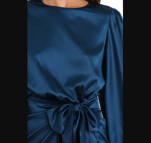 Petal & Pup Opal Navy Blue Satin Long Balloon Sleeve Wrap Mini Dress 4 - Image 10