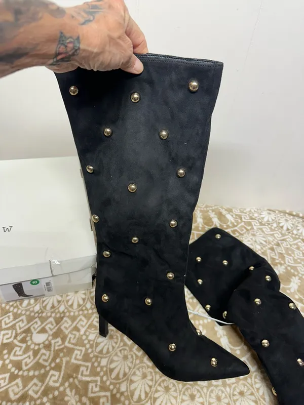 a new day Justice Black Suede likeKnee Boots with Gold Studs - Image 3