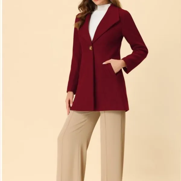 Burgundy Red Turn Down Collar Buttoned Mid-Long Winter Coat - Medium - Image 2