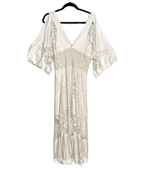 Farm Rio Solana Ivory Lacer Cut Bell Sleeve Midi Dress SMALL - Image 3