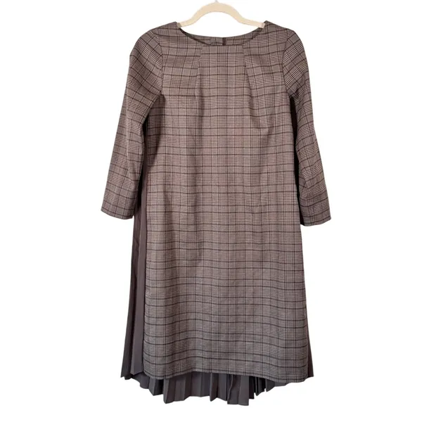 Jill Stuart Brown Plaid Mini Shift Dress Womens S Preppy Pleated Back Academia - Image 2