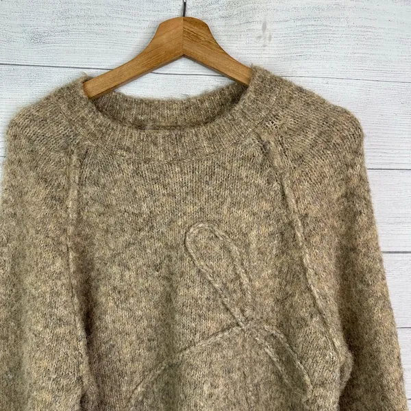 American Eagle Bow Brown Fuzzy Cable Knit Cropped Sweater Cottagecore Academia M - Image 3