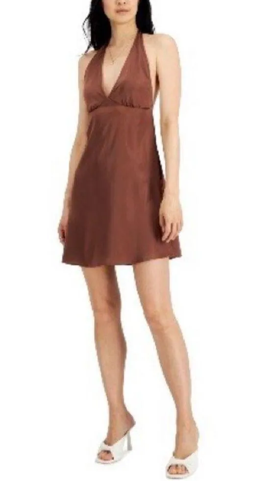 NWT Just Polly Printed Halter Tie V-Neck Dress Juniors' Size L, Cocoa New w/Tag - Image 6