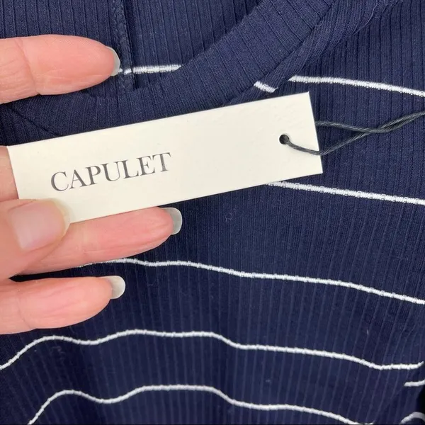 Revolve Capulet Mini Dress‎ Bodycon Navy White Stripe Rib Knit U Neck Size M NEW - Image 9