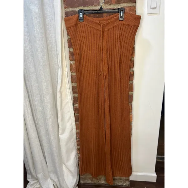 SNDYS Hendrix Ribbed Knit Drawstring Pants Burnt Orange Wide Leg Lounge Pants M - Image 8