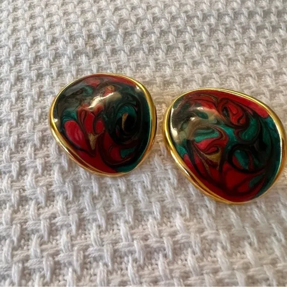 Vintage Multicolor‎ Hand Painted Earrings Green - Image 5