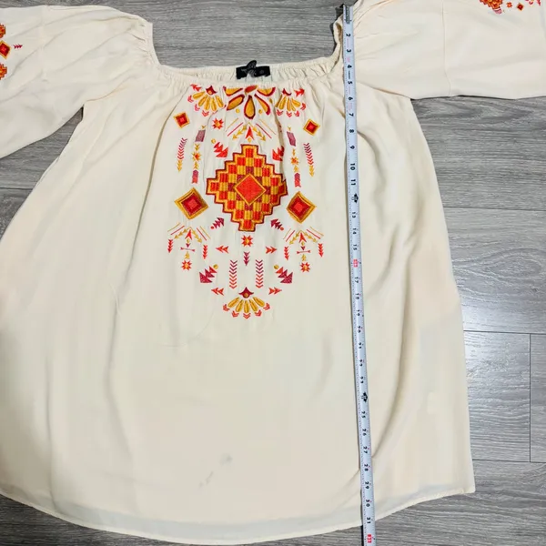 Lucky‎ & Blessed Cream Embroidered Off Shoulder Boho Western Dress Medium DR007 - Image 14