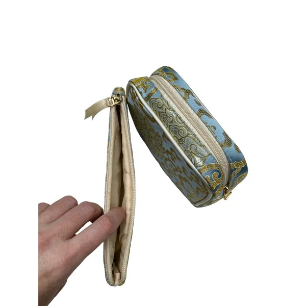 Vtg 60s Baby Blue Gold Chinoiserie Vanity Case 3pc Cosmetic Travel Bag Set - Image 10