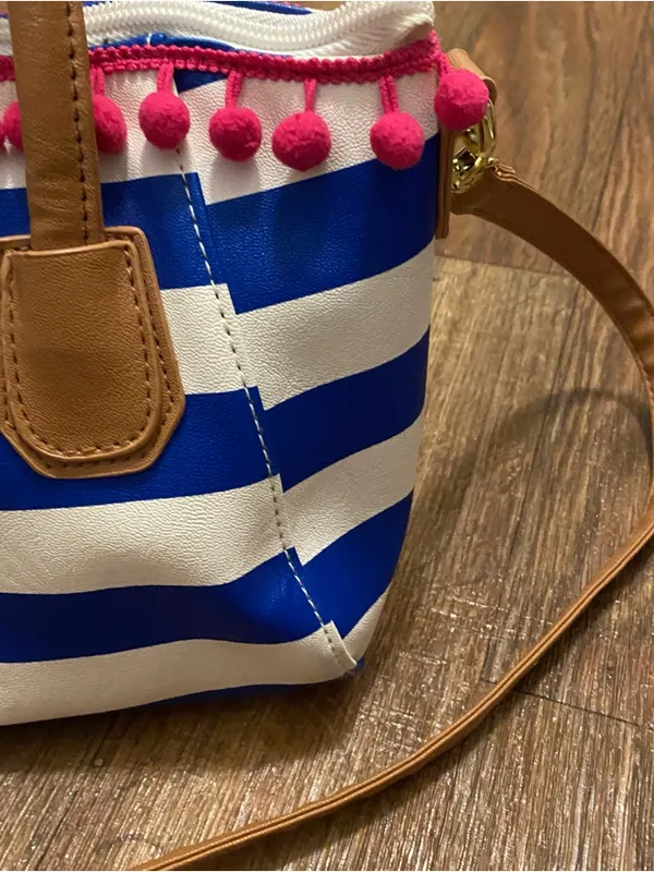 Luv Betsey Johnson Nautical Mini Tote Bag Purse Blue White Stripes Pink Pom 7x10 - Image 5