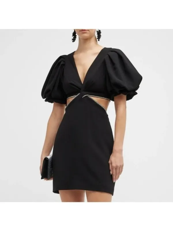 ALC Frank Hazel Crystal Twist Cutout Mini Dress 12 Black Balloon Puff Sleeve Diamond - Image 4