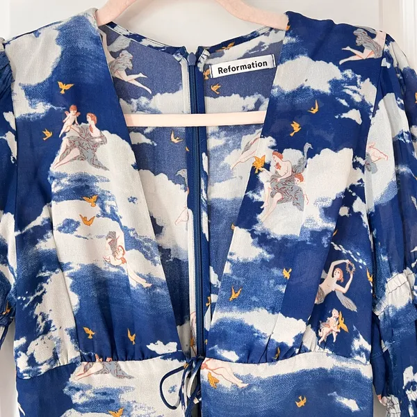 Reformation Blue‎ Laurelei Angel Print Viscose V-Neckline Dress 6P - Image 5