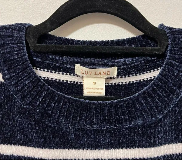 Luv Lane Striped Chenille Knit Sweater Dark Blue White Crewneck S - Image 9