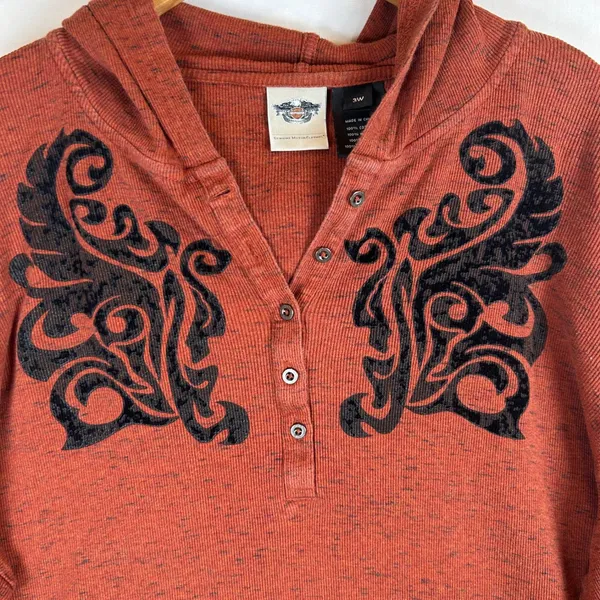 Harley-Davidson Womens 3W Rust Orange Space Dye Hooded Henley Flocked Top 2014 - Image 9