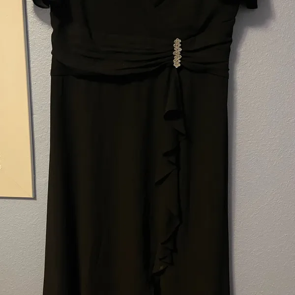 R&M Richards Black V-Neck Rhinestone Embellished Chiffon Evening Dress - Image 2