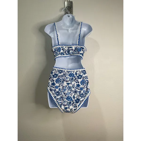 Womens Blue White Floral High Waisted Bikini Set Scallop Trim XL - Image 5