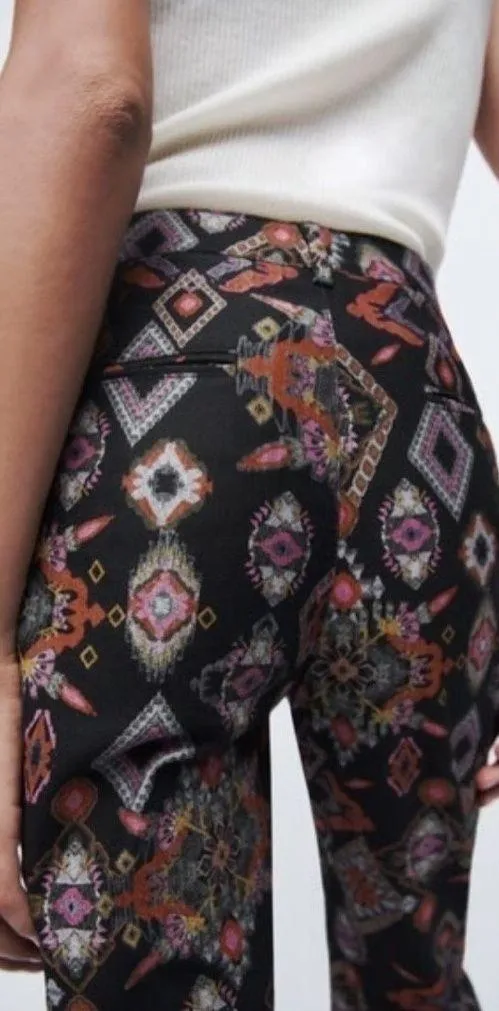 ZARA Mid Rise Black Batik Slim Cotton Bohemian Denim Pants Sz M - Image 2