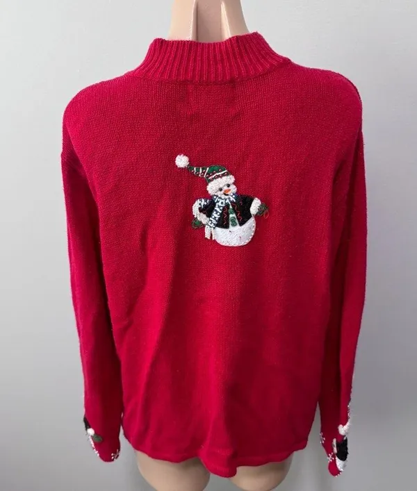 Heirloom Collectibles Snowman Snowflake Ugly Christmas Sweater Cardigan Red - Image 4