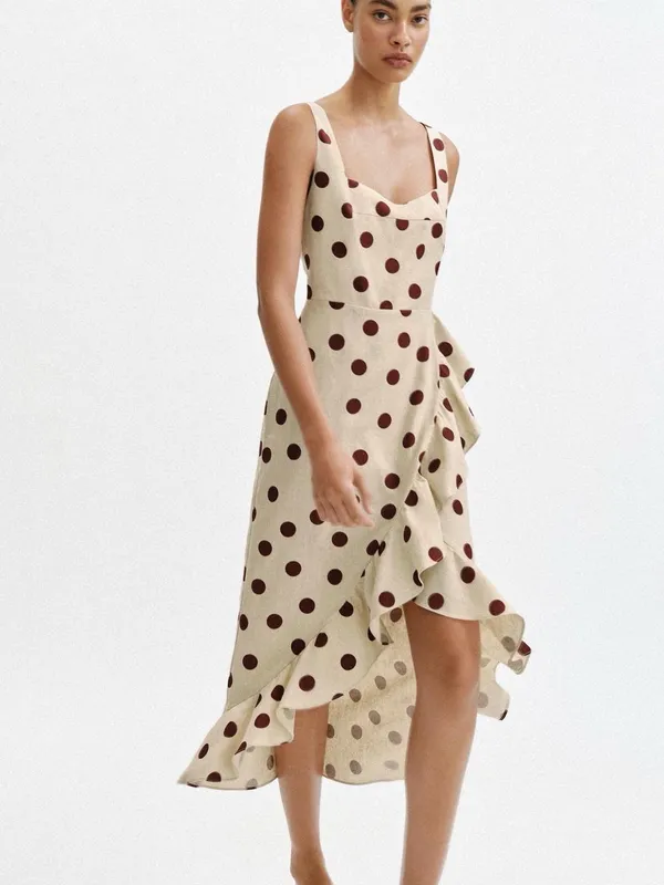 Zara Cream Dress with Brown Polka Dots and Ruffle High-Low Hem - Image 4