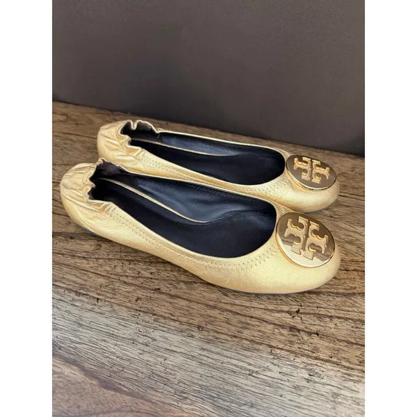 Tory Burch Reva Metallic Gold Tumbled Ballerina Flats - Image 3