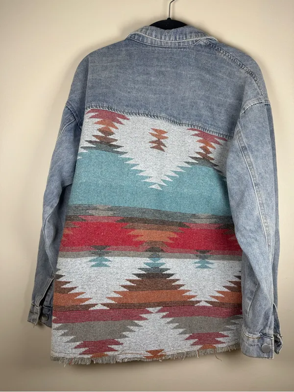 Women's Patchwork Denim Jacket Aztec Print Shacket Oversized Boho sz XS Blue - Image 8