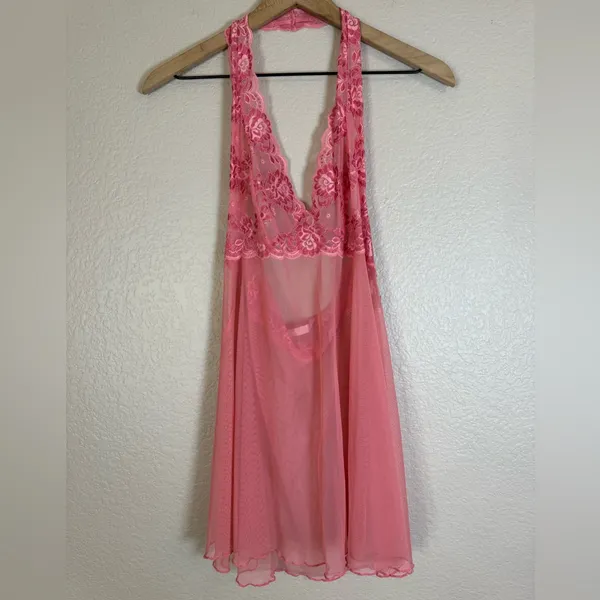 Vintage 90’s 2000’s Victoria’s Secret Chemise Sheer Pink with Lace Halter M L - Image 2