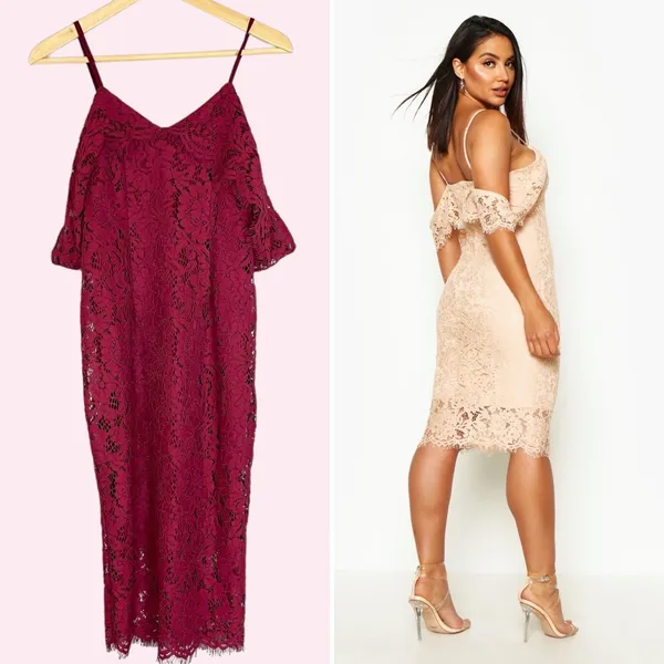 Boohoo Jess Lace Open Shoulder Dress Midi Berry NWT New Cocktail Straps‎ Bodycon - Image 3