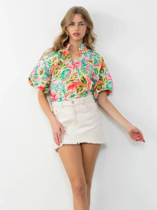 THML Floral Tropical Puff Sleeve Ruffle V Neck Top Size XL - Image 7