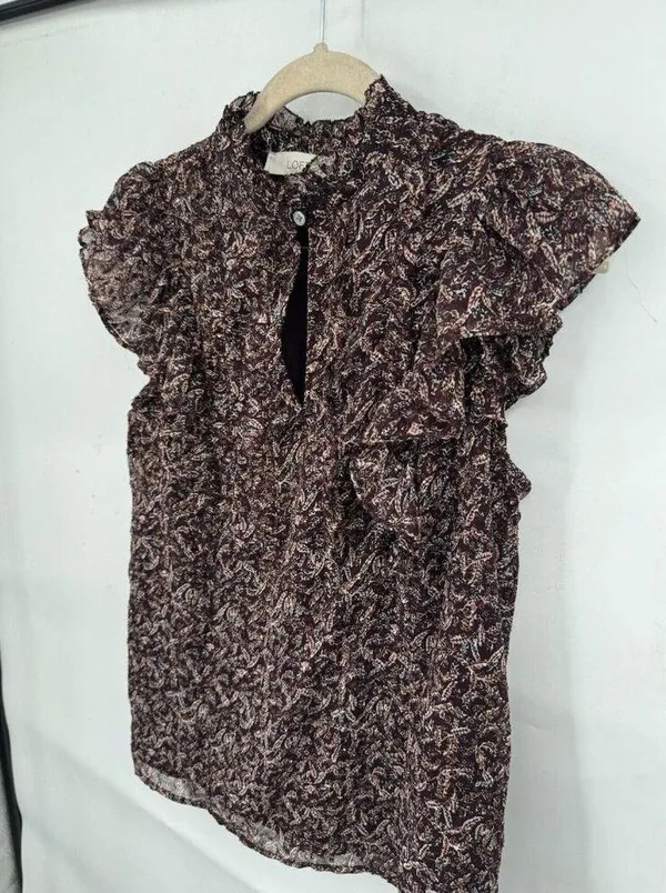 Loft Blouse Women Small Burgundy Floral Ruffle Peasant Cottagecore Prairie Ditsy - Image 10