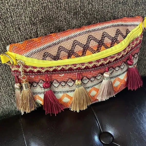 Bohemian Multicolored Tassel Pattern Hobo Sling Bag Brown - Image 13