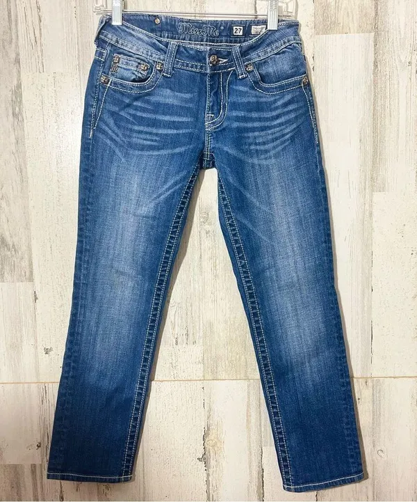 MISS ME Distressed Fleur de lis Rhinestones Low Rise Skinny Jeans Size 27 - Image 2