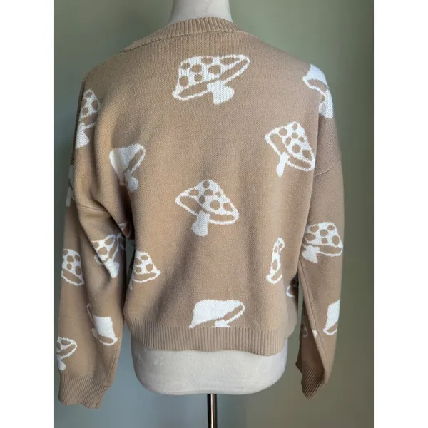 Boho whimsi goth Mushroom Cropped Sweater Tan White Knit‎ Large 11-13 y2k retro - Image 3