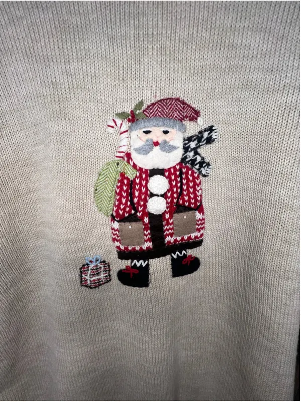 Christopher & Banks Hand Embroidered Santa Cotton Pullover Christmas Sweater - Image 3