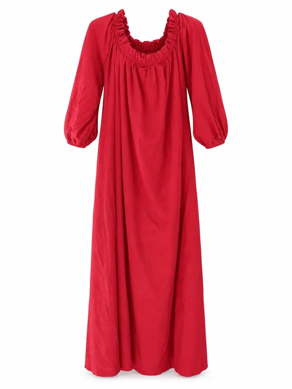 OShopLive Red Off Shoulder Maxi Dress Puff Sleeve NWT Women’s Large 100% Cotton - Image 2