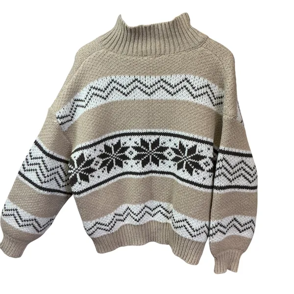 Le Lis Collection Womens Fair Isle Quarter Zip Sweater Tan‎ Brown Nordic M - Image 3