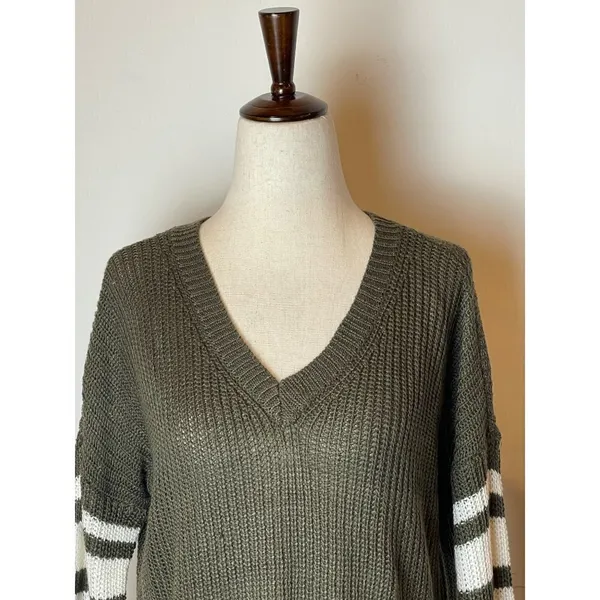 Pink Rose Olive Green V Neckline Striped‎ Sleeve Knit Pullover Sweater Size S - Image 4