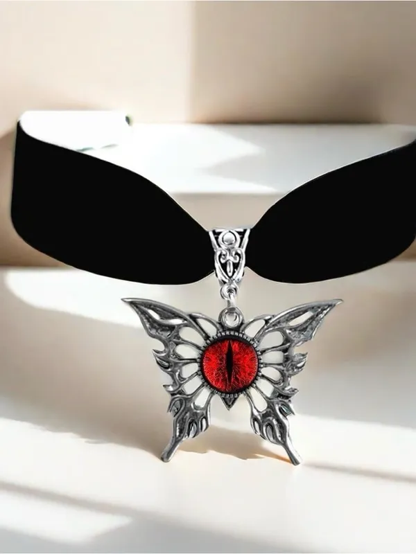 Black Ribbon Choker Necklace Silver Tone Butterfly Charm Pendant Red Center - Image 5